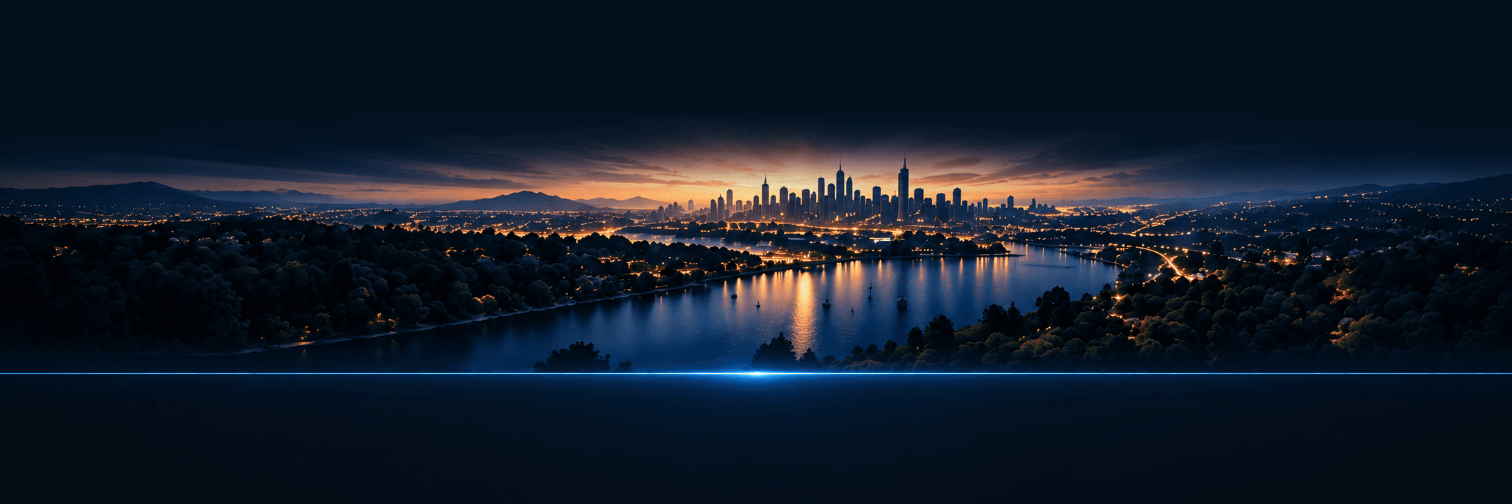 City skyline at dusk, reflected across water